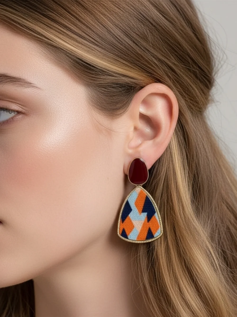 Retro Style Geometric Orange & Navy & Blue Drop Earrings -‎ 925 Silver Needle